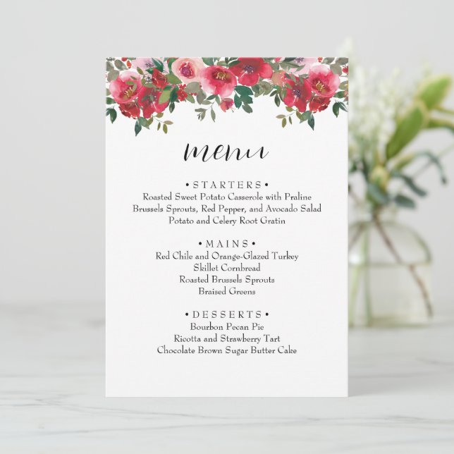 Watercolor Red Rose Floral Wedding Menu (Em pé/Frente)