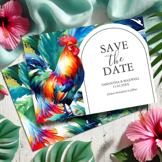 Watercolor Rooster Salva O Convite De Data (Save the date invitations destination wedding tropical rooster art by Victoria Grigaliunas)