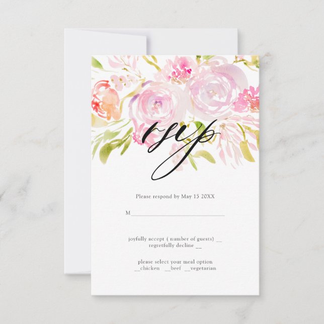 Watercolor Rose bouquet Wedding RSVP (Frente)