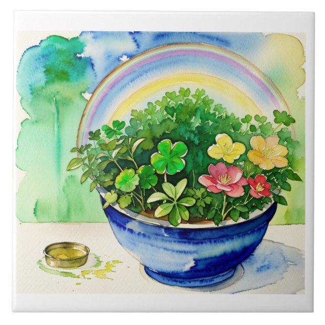 Watercolor Shamrock & Rainbow Azulejo - Irlandês (Frente)