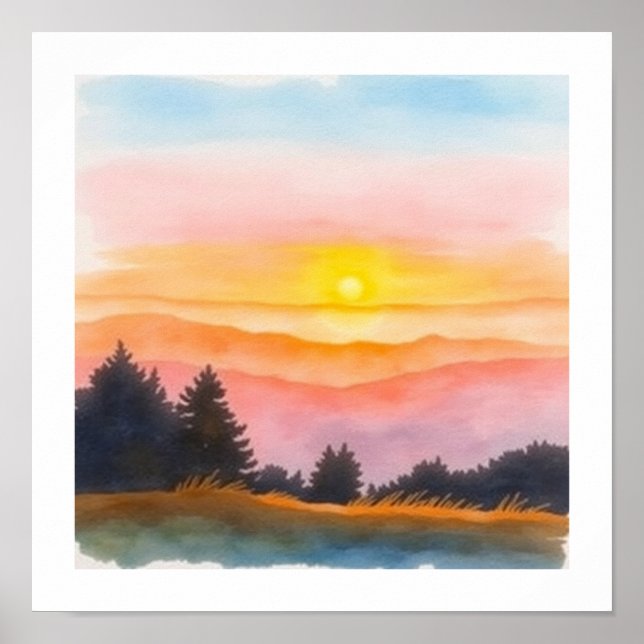 Watercolor SIMPLE Sunset Art Poster (Frente)