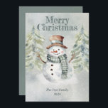 Watercolor Snowman - Cartão Feliz Natal<br><div class="desc">Espalhe um pouco de alegria de férias com este bonitinho cartão de bonitinho de neve! A frente apresenta um boneco de neve e árvores de neve, e você pode personalizá-lo com seu nome ou nome de família e a data. No verso, há espaço para sua própria mensagem especial de feriado....</div>