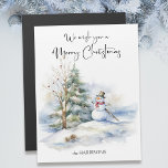 Watercolor Snowman e Feliz Saudação de Natal<br><div class="desc">Bonito boneco de neve sorridente com pinheiro e árvore nua decorada.</div>
