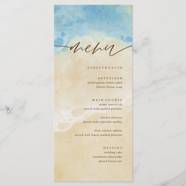 Watercolor SummerCoastal Beach Wedding Menu (Frente)