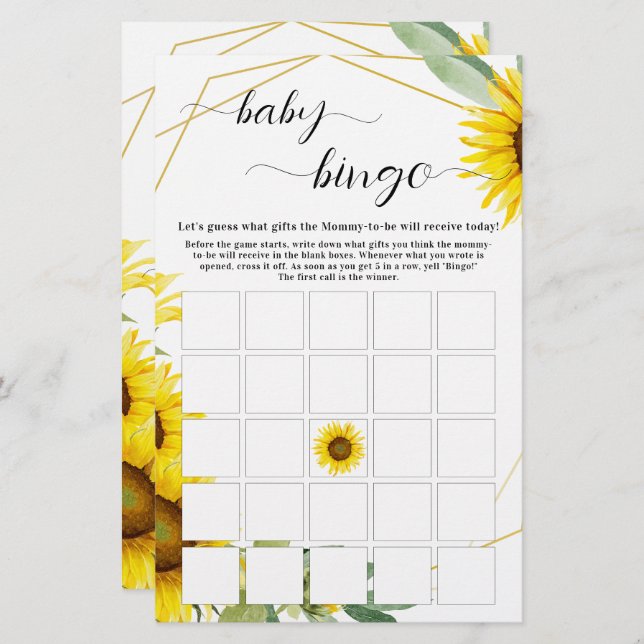 Watercolor Sunflower Baby Bingo Game Flyer (Frente/Verso)