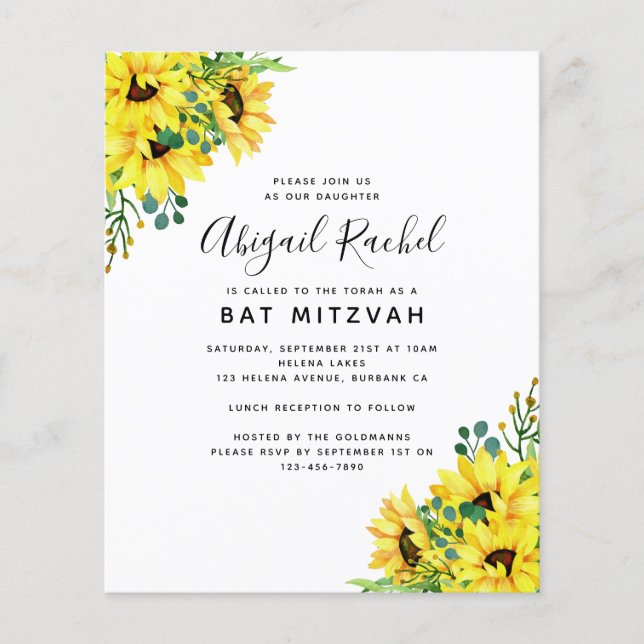 Watercolor Sunflower Budget Bat Mitzvah Convite (Frente)