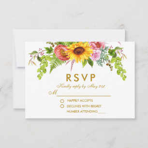 Watercolor Sunflower Floral Dourado Casamento RSVP