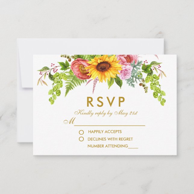 Watercolor Sunflower Floral Dourado Casamento RSVP (Frente)