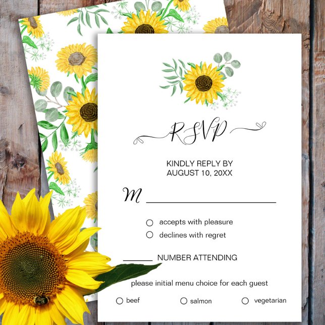Watercolor Sunflower Menu Choice Cartão RSVP (Criador carregado)