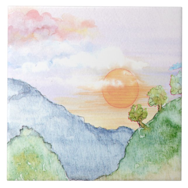 Watercolor Sunset sobre Montanhas e Árvores (Frente)