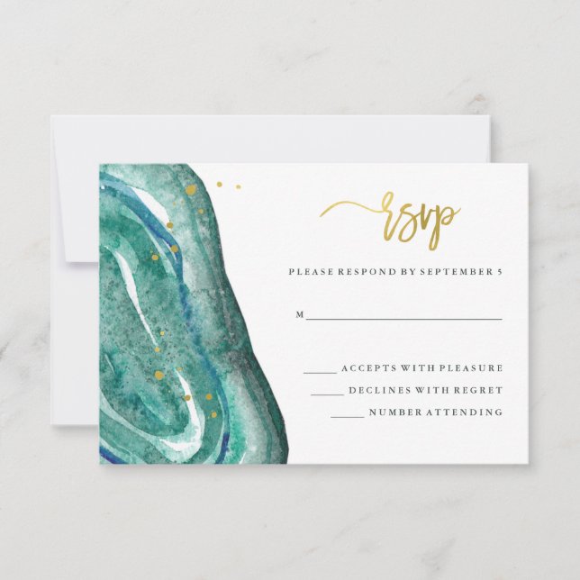 Watercolor Teal Geode e Faux Dourado Wedding RSVP (Frente)