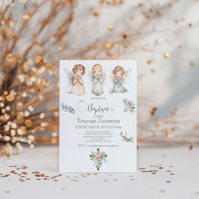 Watercolor Três Anjos Bebê Batismo Convite (Criador carregado)