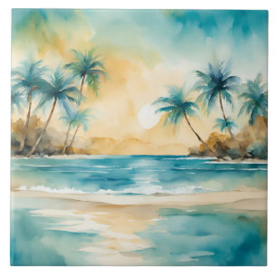 Watercolor Tropical Beach Sunset