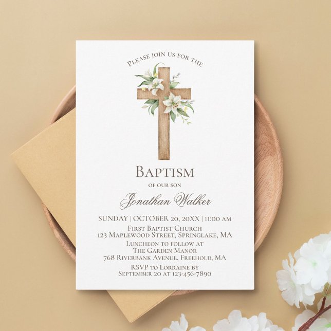 Watercolor White Lily Floral Baptism Convite (Criador carregado)