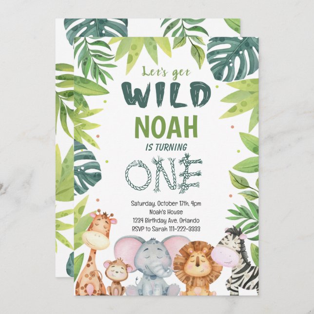 Watercolor Wild One Safari - Convite para primeiro (Frente/Verso)