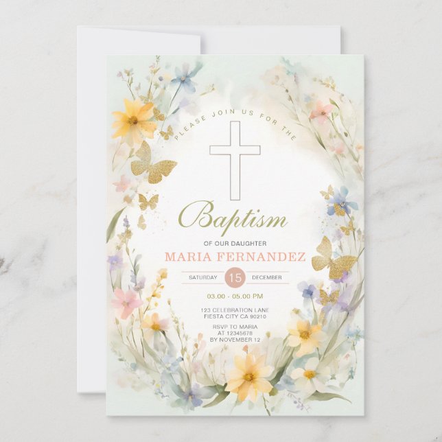 Watercolor Wildflower Floral Baptism Convite (Frente)