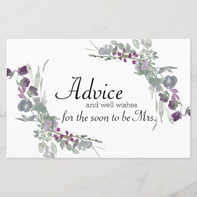Watercolor Wildflower Lavanda Bridal Advice Card (Frente)
