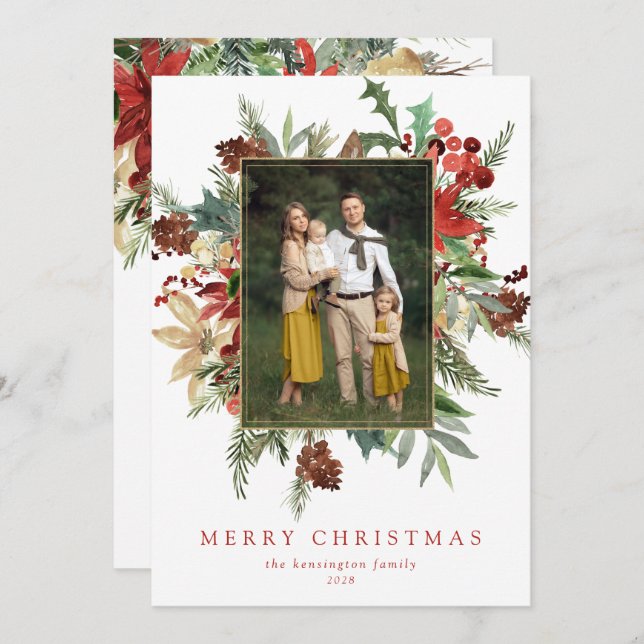 Watercolor Winter Floral Gold Foil Christmas (Frente/Verso)