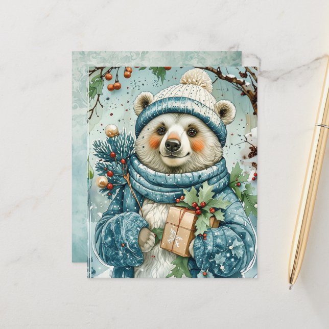 Watercolor Winter Polar Bear Scrapbook Paper (Frente/Verso In Situ)