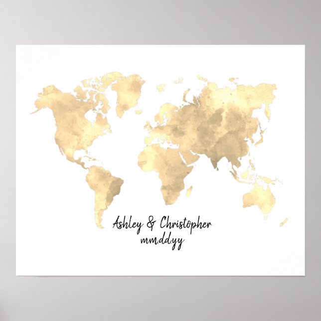 Watercolor World Map Weding Guest Book Poster Art (Frente)
