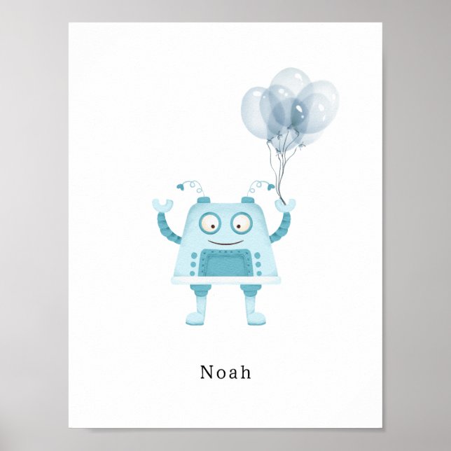 Watercolour Blue Robot With Balloons Name Poster (Frente)