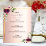 Wedding Menu florals burgundy rose gold elegant<br><div class="desc">An elegant bohemian boho style wedding menu card. Feathers and lush watercolored roses in burgundy.  Templates for your names,  date and the wedding menu. A faux gold frame and a chic rose gold faux metallic lookingbackground.  Dark gray colored letters.
Back: rose gold colored background.</div>