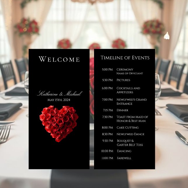 Wedding Program-Heart Shaped Red Roses- (Wedding Registry-Heart Shaped Red Roses- Wedding Timeline of Events- Program)