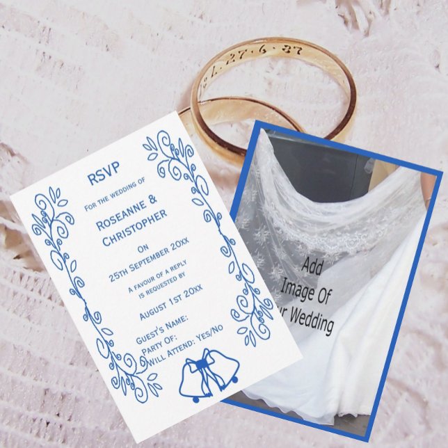 Wedding RSVP Card Blue Sapphire Bells Scrollwork  (Criador carregado)