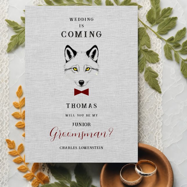 Wedding Wolf Jr Groomsman Grey Shades Red Bow Tie (Grey Shades Junior Groomsman Proposal Card with Red Bow Tie Featuring Wedding Wolf Design.)