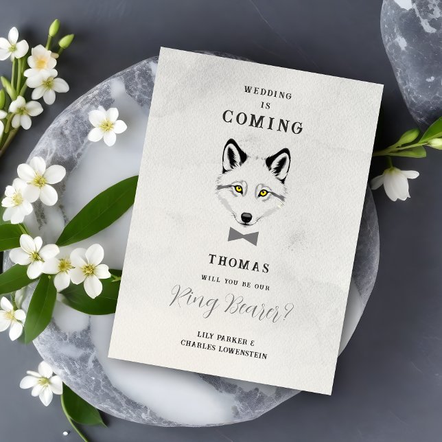 Wedding Wolf Ring Bearer Grey Shades Grey Bow Tie (Grey Shades Ring Bearer Proposal Card with Grey Bow Tie Featuring Wedding Wolf Design.)