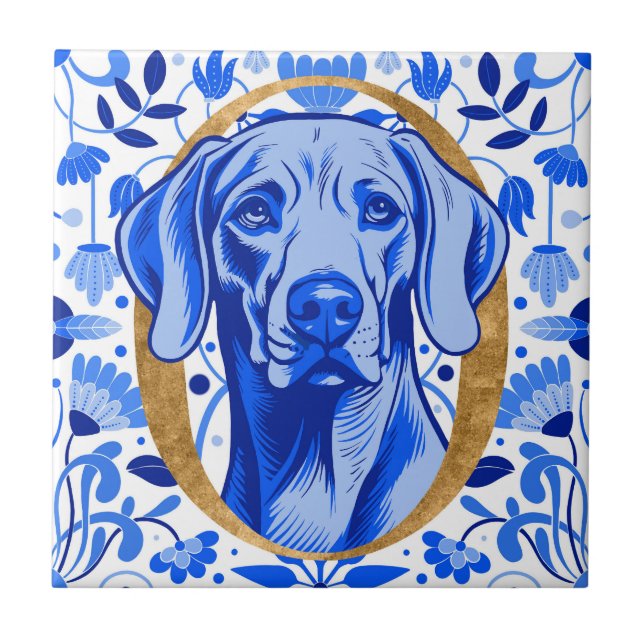 Weimaraner espiando através da letra "O" em Ouro (Frente)