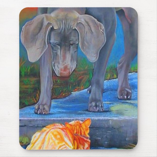 Weimaraner & gato de gato malhado Mousepad (Frente)