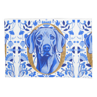 Weimaraner peering thru the letter "O" in Gold