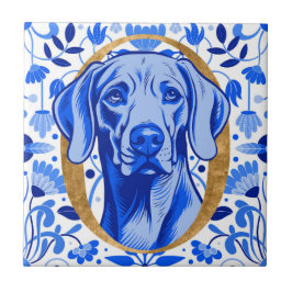 Weimaraner peering thru the letter "O" in Gold