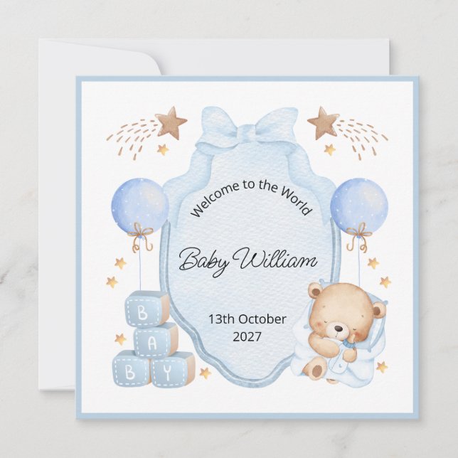 Welcome Baby Boy Blue Frame Teddy Bear Card (Frente)