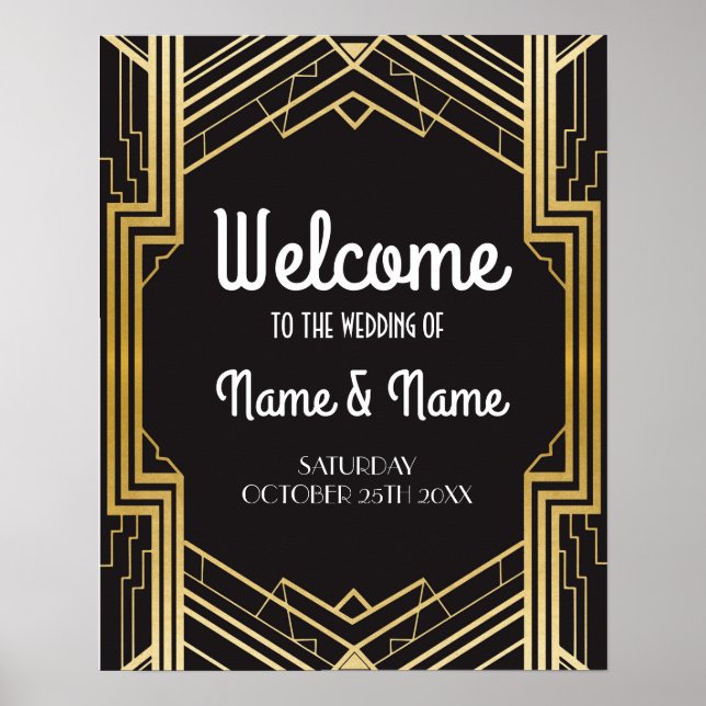 Welcome Poster Gatsby Art Deco Gold Wedding Poster (Frente)