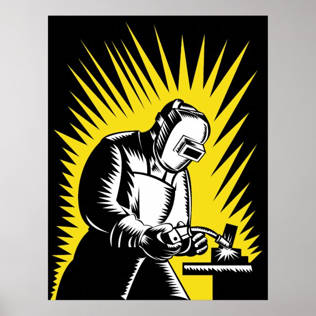 welder worker working welding woodcut poster (Frente)