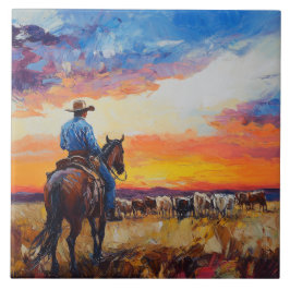 Western Cowboy e Herd Azulejo Trivet
