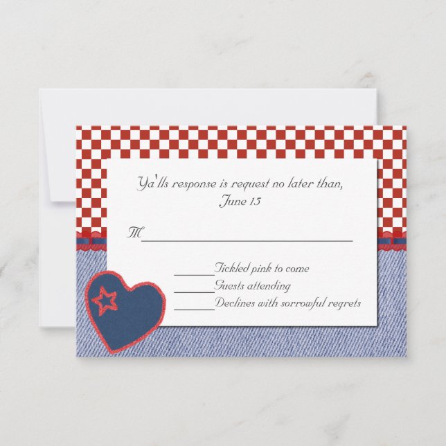 Western Heart and Checks Wedding RSVP Card (Frente)