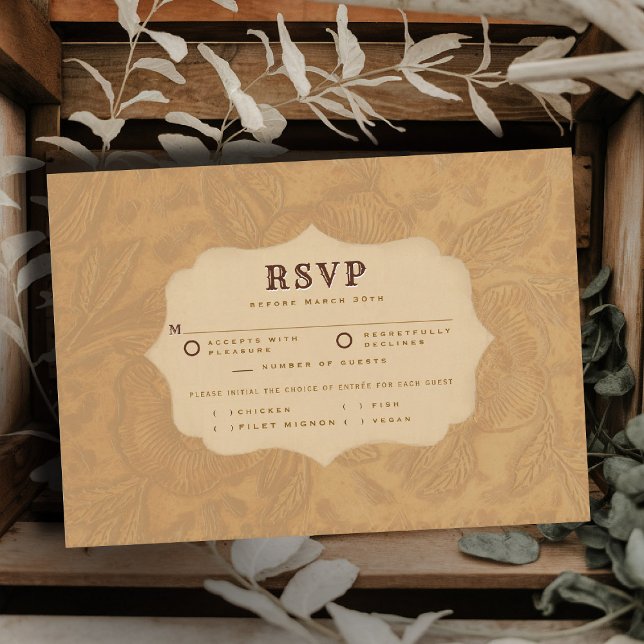 Western Tooled Cream Terracotta Meal Wedding RSVP (country rustic cowboy wedding rsvp card faux tooled leather terracotta rust western barn)