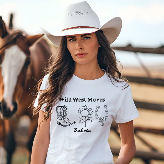 Western Wild West Moves Black-and-White T-Shirt (Criador carregado)