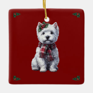 Westie de Natal com ornamento sagrado.