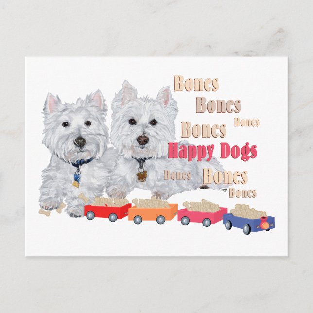 Westies com Trem de Ossos Cartão Postal (Frente)