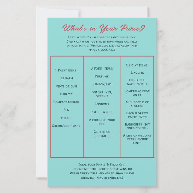 What's in Your Purse? Bachelorette Party Game (Frente)