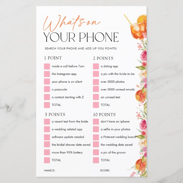 Whats On Your Phone Bridal Shower Game Spritz (Frente)