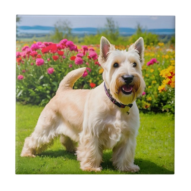 Wheaten Scottish Terrier tocando Flores Grass (Frente)