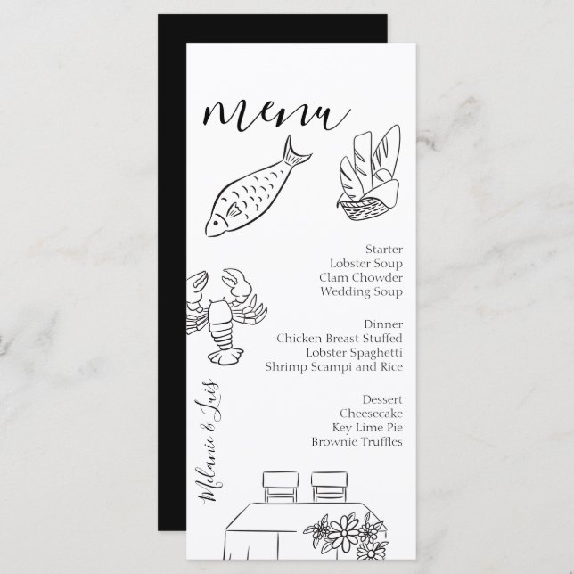 Whimiscal Doodle Black White Heart Wedding Menu  (Frente/Verso)