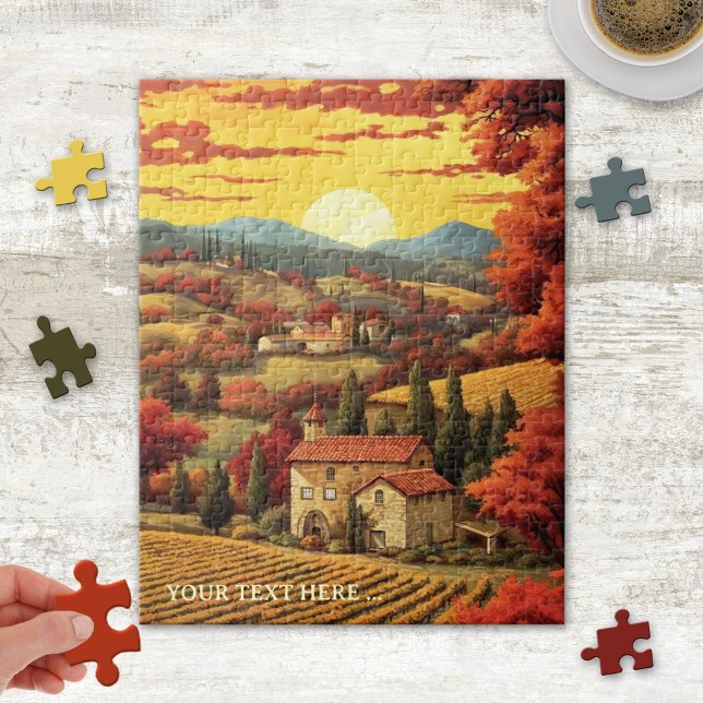 Whimsic Fine Art Toscana Itália Quebra-cabeça (Puzzle featuring a whimsical fine art painting of Tuscany, Italy at sunset)