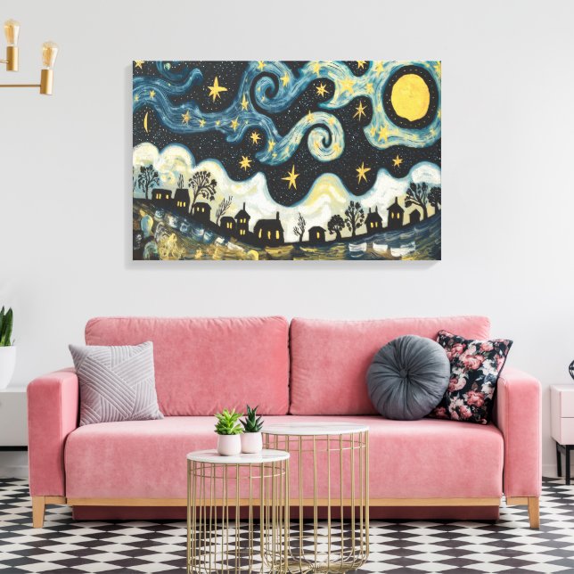 Whimsic Starry Night Over Village Canvas Art (Insitu(Sala de estar))
