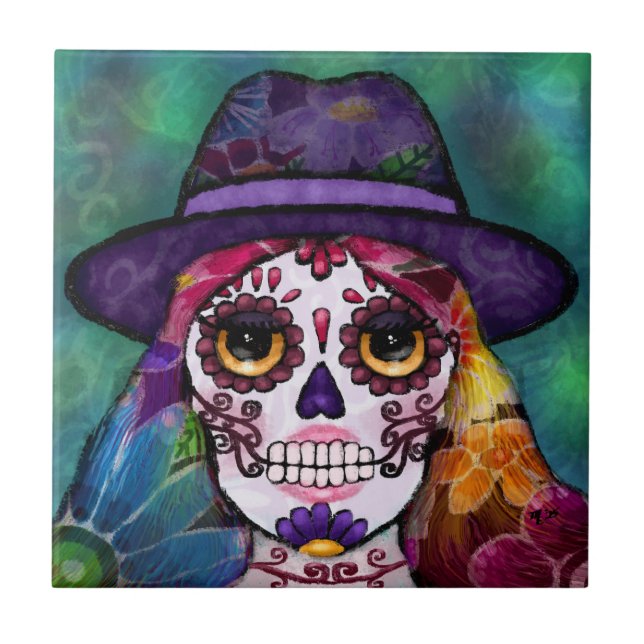 Whimsical Abstract Floral Hippie Sugar Skull (Frente)